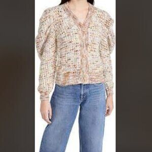 New CHELSEA & VIOLET Button Cardigan V-neck Stripe Sweater Puff Shoulders L